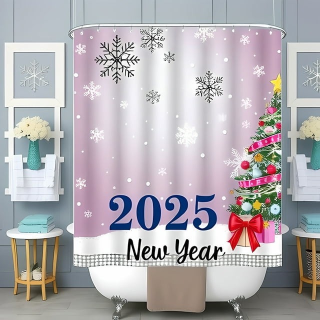 Rideau de Douche Festif 2025 Nouvel An - Violet Pastel avec Flocons de Neige Arbre de Noël & Design Élégant Scripté
