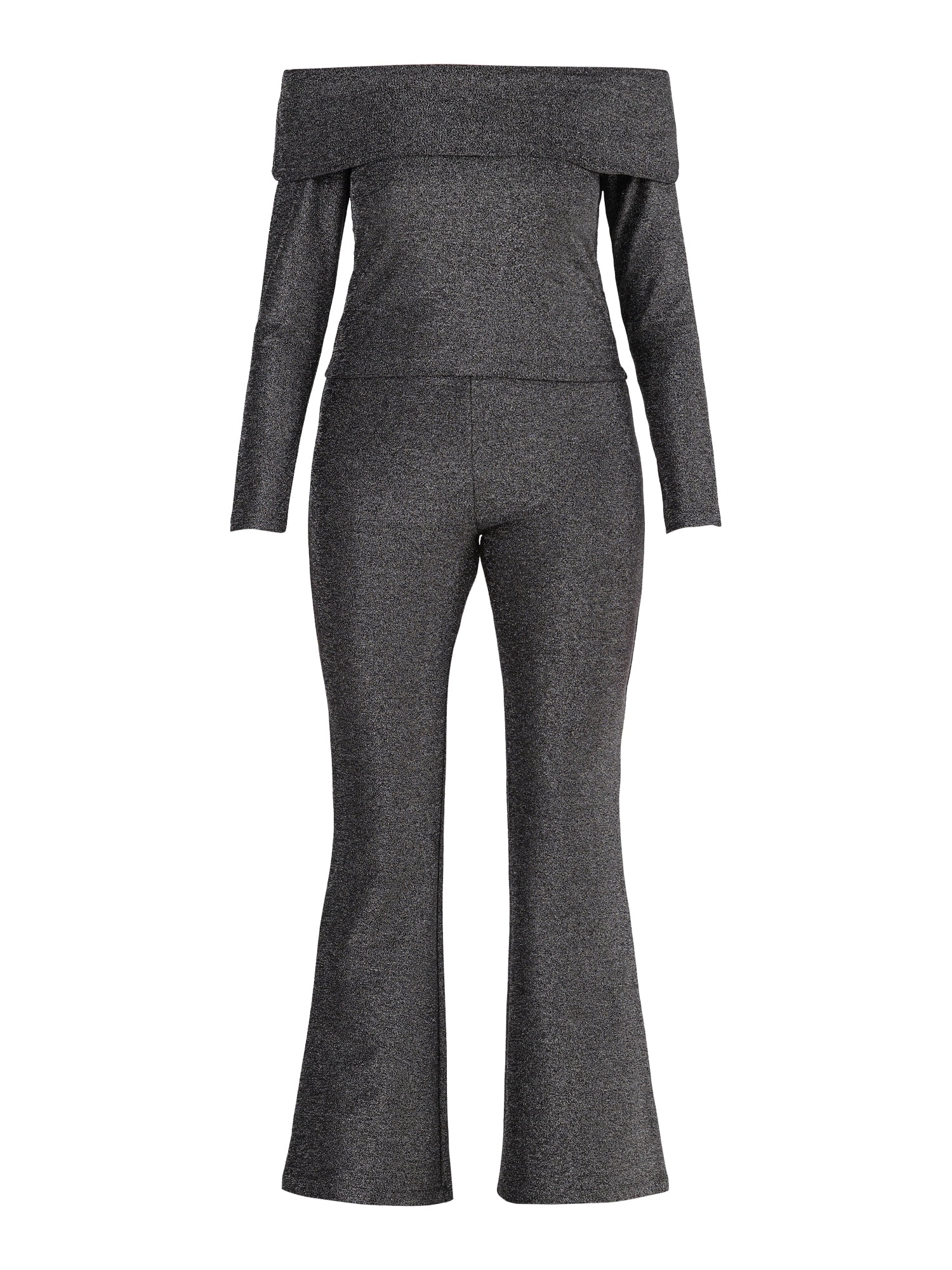 No Boundaries Metallic Off the Shoulder Top and Flare Pant Set, 2-Piece, Women's