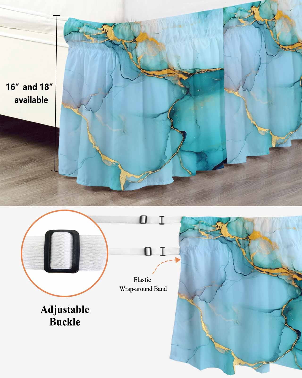 Teal Marble Wrap Around Bed Skirts for Queen Bed 16" Drop,Bed Skirt with Adjustable Elastic Belt Dust Ruffle Bed Valance for Bedroom Hotel Luxury Modern Ink Painting Luxury Modern Art Bed Frame Cover