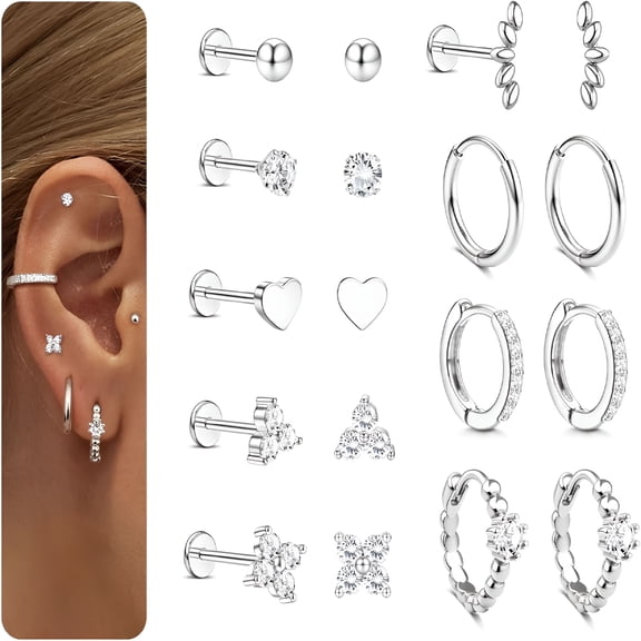 9 Pairs 14K Gold Plated Flat Back Earrings for Women, Threadless Cartilage Helix Stud & Hoop Set, Surgical Steel CZ Piercing Jewelry