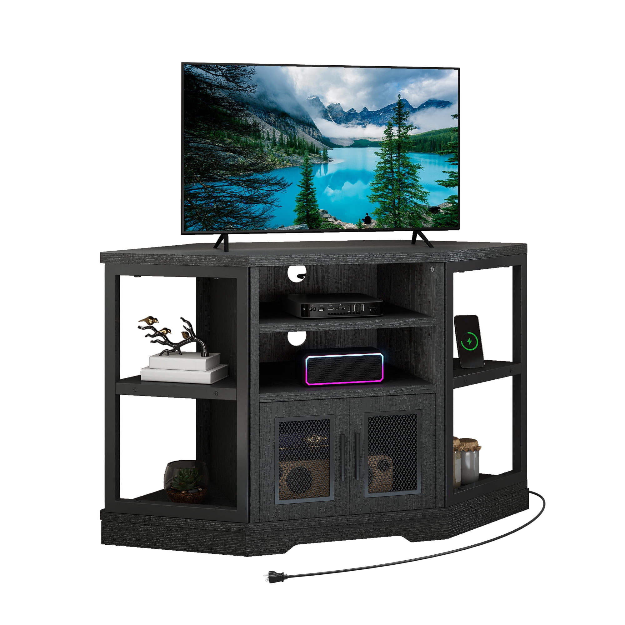 Uforic Corner TV Stand for TVs up to 55", Farmhouse Entertainment Center with Power Outlet, Black