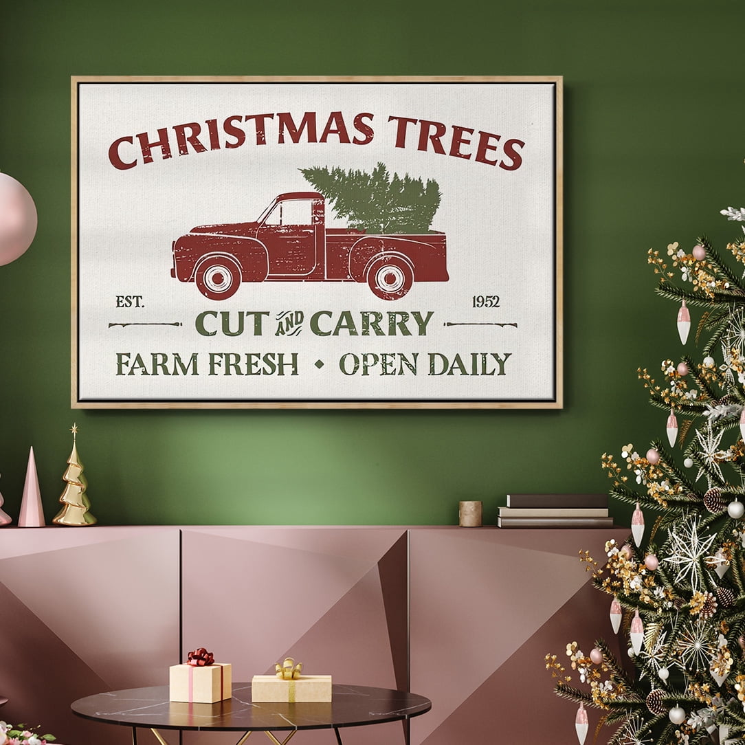 Christmas Farm Sign Collection A - Framed Gallery Wrapped Holiday Canvas - 25 x 37 - Natural Wood Frame