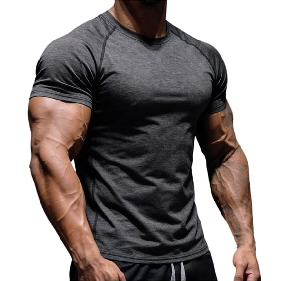 Mens Short Sleeve T Shirt Summer Muscle Slim Fitted Crewneck Longline Tees Shirts for Gym Workout