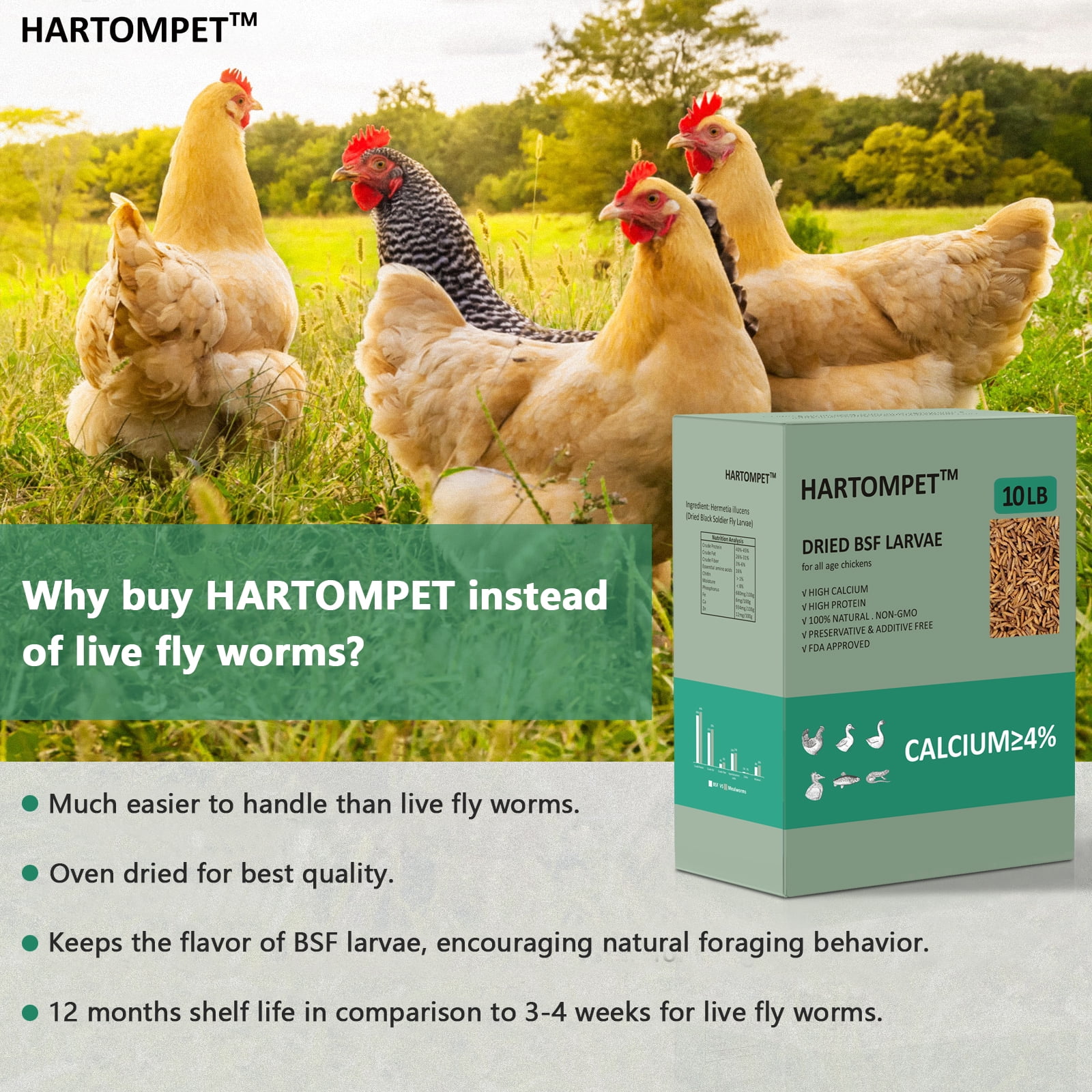 HARTOMPET 10LB Premium Dried Black Soldier Fly Larvae - 85X Calcium,Non-GMO Treat for Poultry Health
