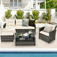 thumbnail image 3 of Patiojoy 4 Piece Patio Rattan Set Outdoor Wicker Conversation Set w/ Lounge Sofa 2-Tier Coffee Table Tempered Glass Tabletop, 3 of 9