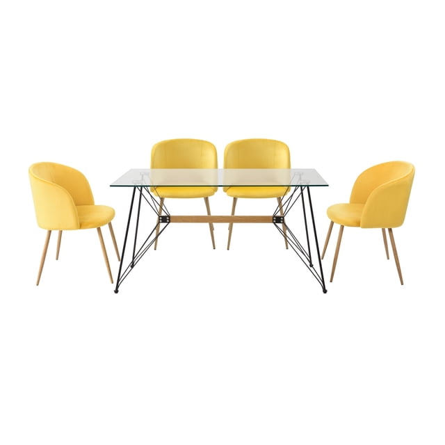 antecomedor 4 sillas brevar amarillo kessa muebles comedor minimalista e industrial con mesa de cristal templado 140 x 76 x 90 cm y cuatro sillas de terciopelo amarillo; vista frontal centrada que muestra tablero de vidrio transparente, patas inclinadas de metal negro con travesaño de madera y sillas acolchadas con patas de madera. El artículo se entrega desmontado; accesorios en la foto se venden por separado.