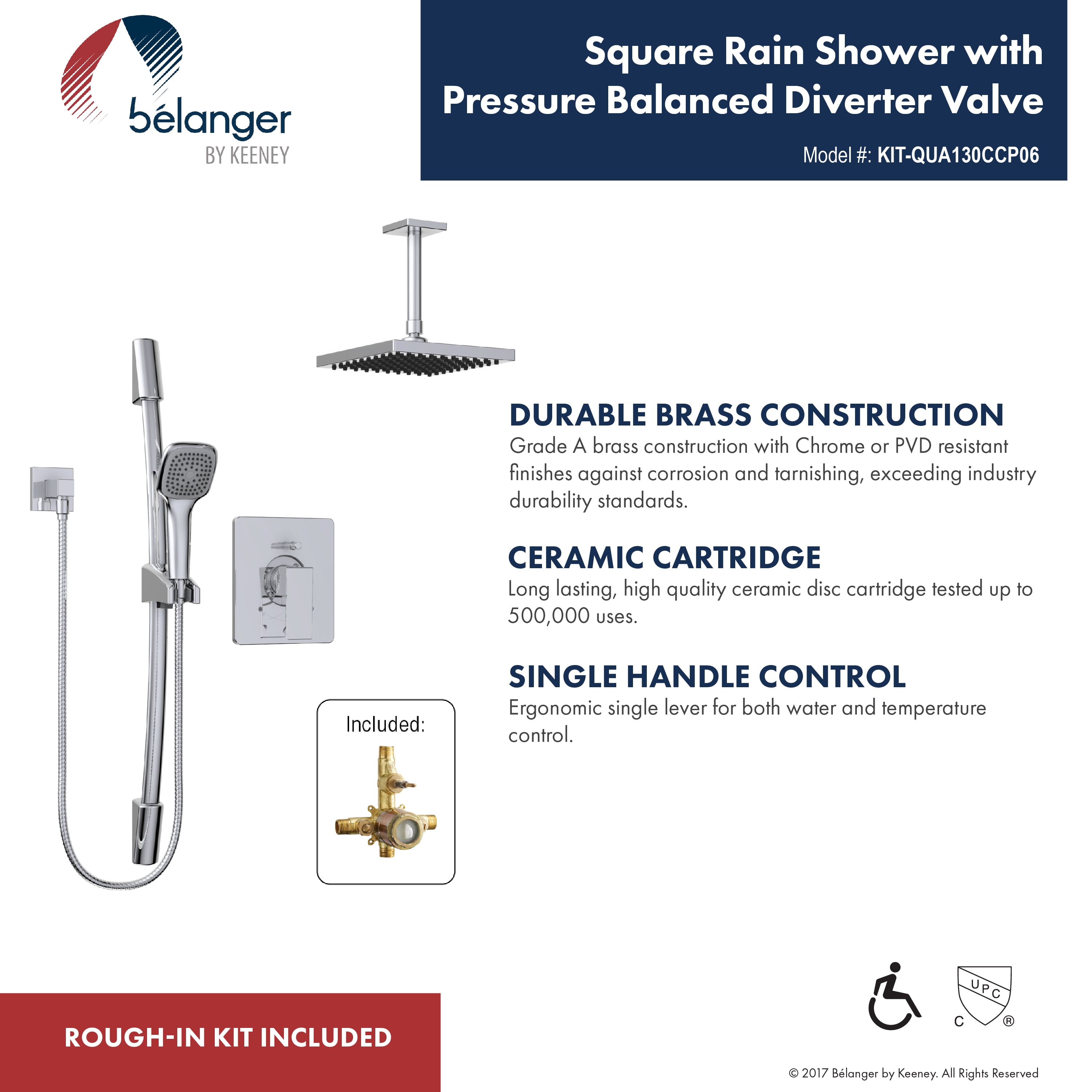 Belanger KIT-QUA130CCP06 Rain Pressure Balanced Square Shower System from Ceiling