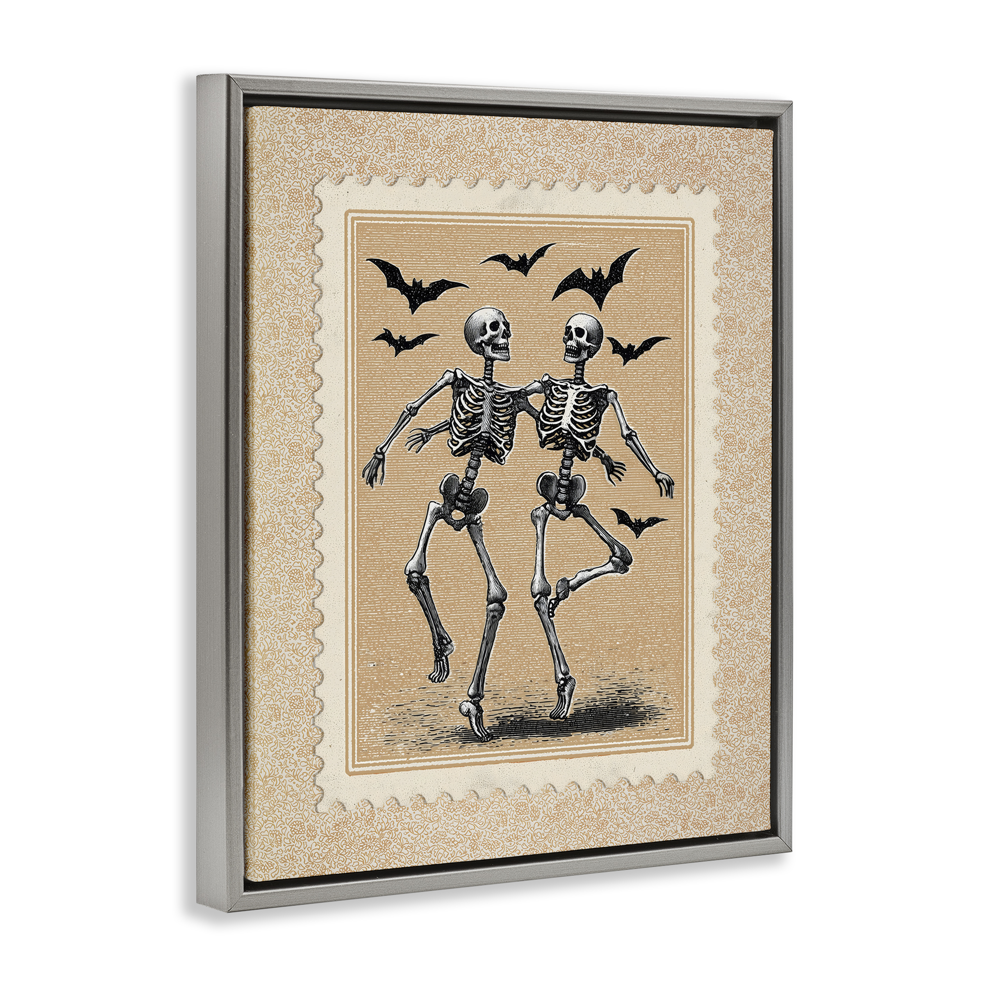 Vintage Dancing Skeletons Stamp Gray Framed Floater Canvas Wall Art, design by Arlington Prints