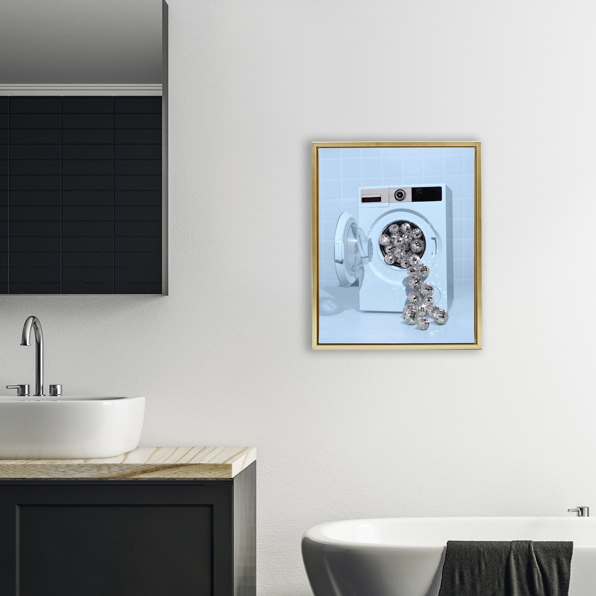 Stupell Industries Disco Laundry Machine over Blue Gold Framed Floater Canvas Wall Art, design by LISH Creative