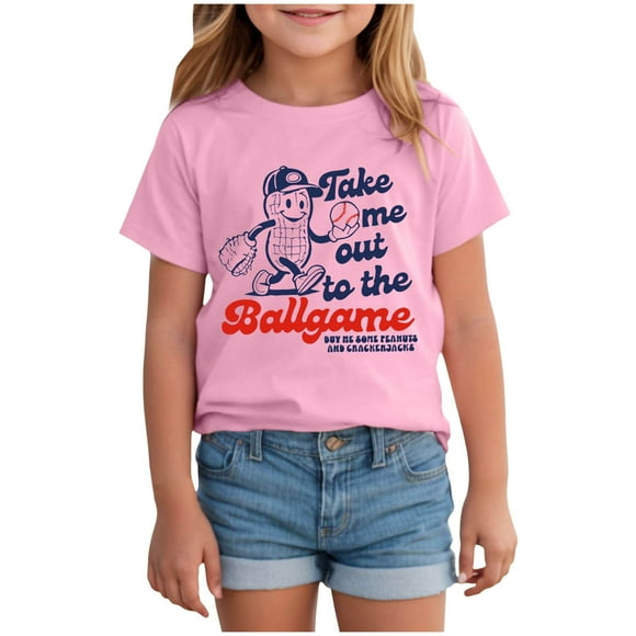 felwors T-Shirt Graphique de Baseball pour Enfants, T-Shirt à Manches Courtes « Emmène-Moi au Match », Tailles 18 Mois-14 Ans (Rose, 7-8 Ans)