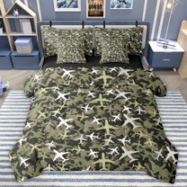 Homewish Retro Airplane 7 Pieces Bedding Comforter Set,Vintage Aircraft Full Bedding Set,Rustic Green Camouflage Fitted Sheet Flat Sheet For Boys Kids,Ultra Soft Home Decor Reversible