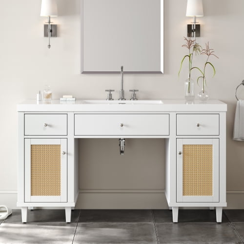 60 Inch Bathroom Vanity with Sink, Modern Freestanding Double Storage Cabinet with Soft Close Drawers and Tip-Out Tray, Rattan Doors and Pine Legs, White Color