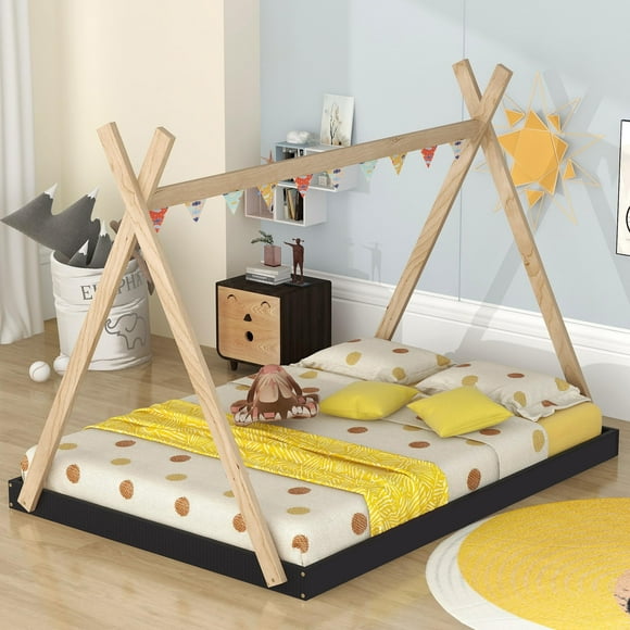 Bellemave Full Size Tent Floor Bed Frame with Triangle Structure, Teepee Bed Platform Bed for Kids,Montessori Floor Bed for Girls Boys(Full,Black+Brown)
