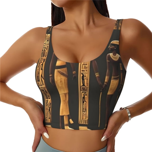 Fotbe Ancient Egyptian Hieroglyph Sujetador Deportivo Largo sin Aros para Mujer con Almohadillas y Soporte Medio, Transpirable y Absorbente, Camiseta Tipo Chaleco o Tank Top-Small