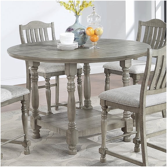 Acacia Veneer Round Dining Table for 4, Light Grey Modern Table with Column Legs and Storage Shelf