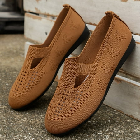 

HOLXI 2024 Women s Mesh Flats Rounded Toe Breathable Hollow Out Knit Upper Slip On Casual Shoes Summer Comfortable Walking Sandals