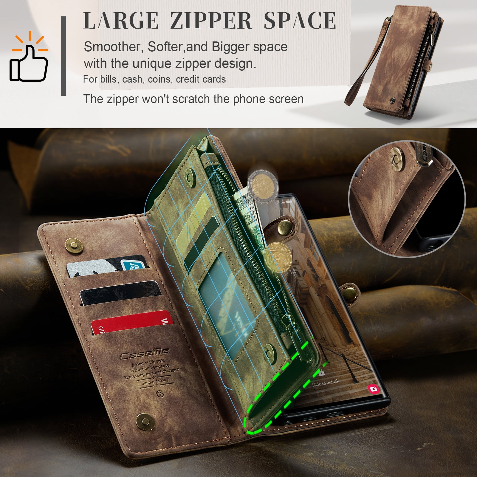 Feishell Durable 2- In-1 Magnetic Detachable Wallet Case for Samsung Galaxy S24 Ultra,for Women Men,Premium PU Leather Zipper Pocket Flip Multi Card Slots Purse Phone Case with Wrist Strap,Darkbrown