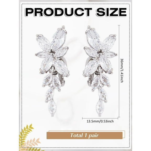 1 Pairs Brass Micro Pave Clear Cubic Zirconia Clip-on Earrings Simple Flower Clip-on Earrings Platinum No Piercing Earrings for Women Elegant Gifts Personalized Jewelry 36x13.5mm