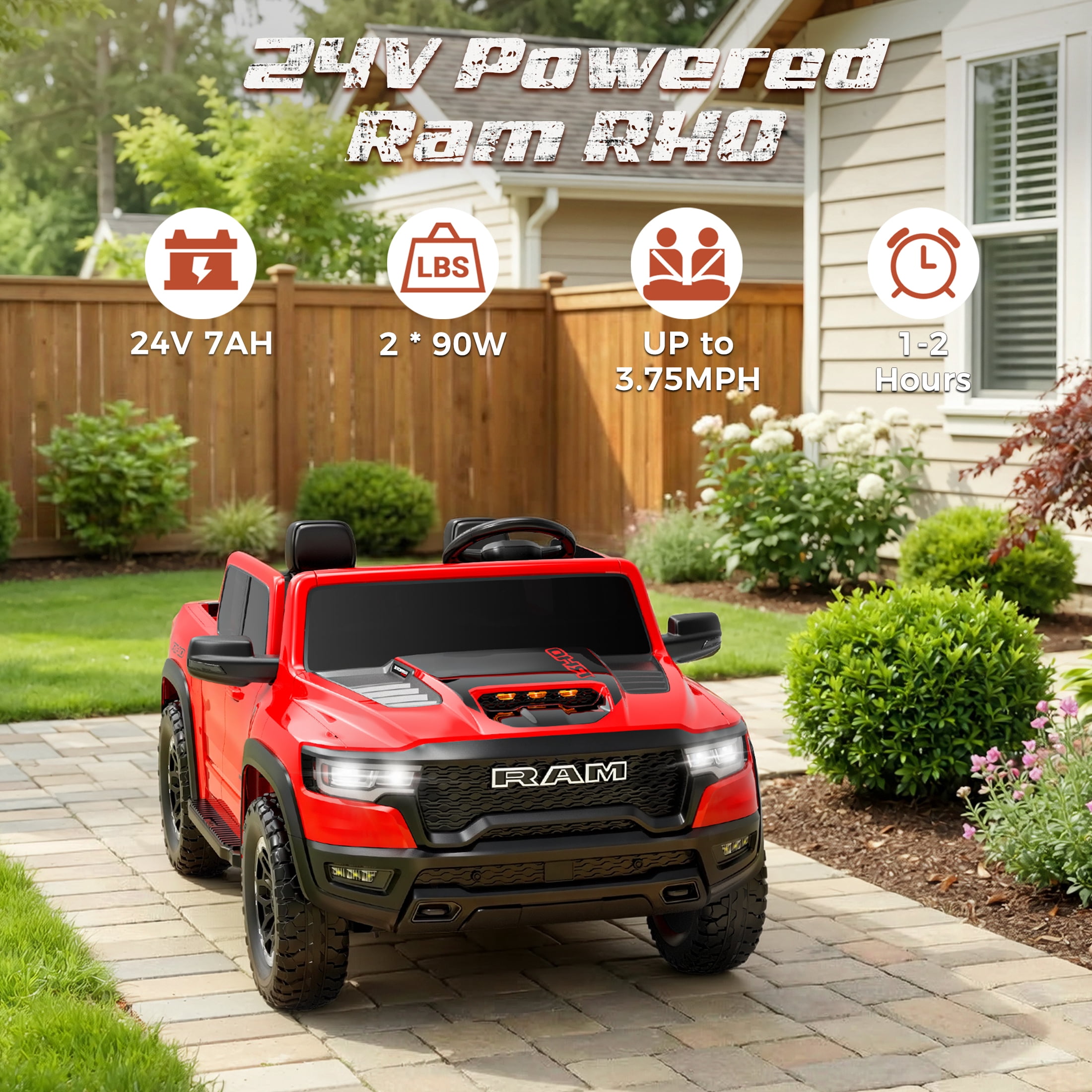 iYofe Ram 1500 RHO 24V 2 Seater Truck Powered Ride on with Remote Control&Bluetooth, Red