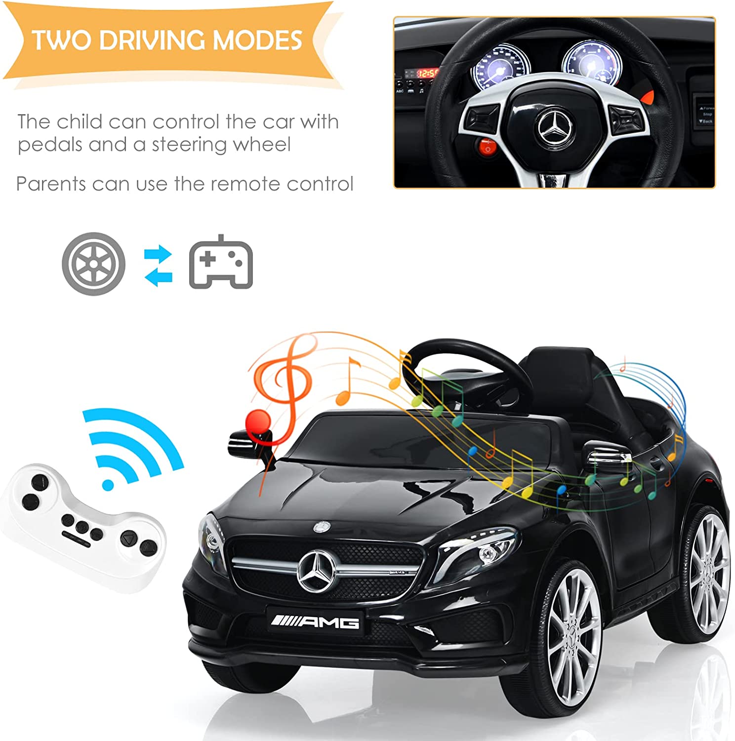 OLAKIDS 12V Electric Kids Ride On Car, Licensed Mercedes Benz GLA45 Toy Car with Remote Control, MP3 Plug, USB, 2 Speeds, LED Lights, Battery Powered Toy Vehicle for Toddler Children (Black)