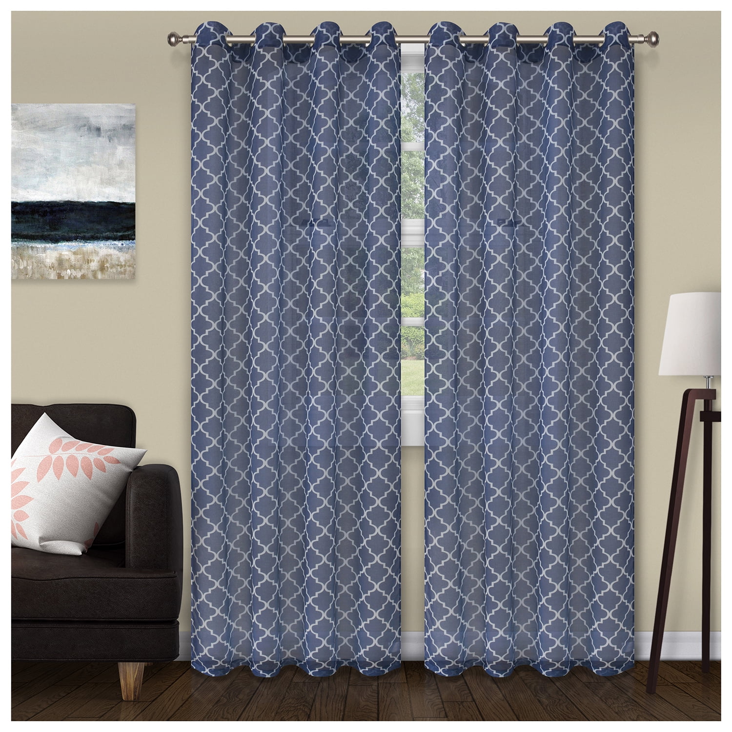 Trellis 2 Panels Sheer Curtains (52X63), Blue