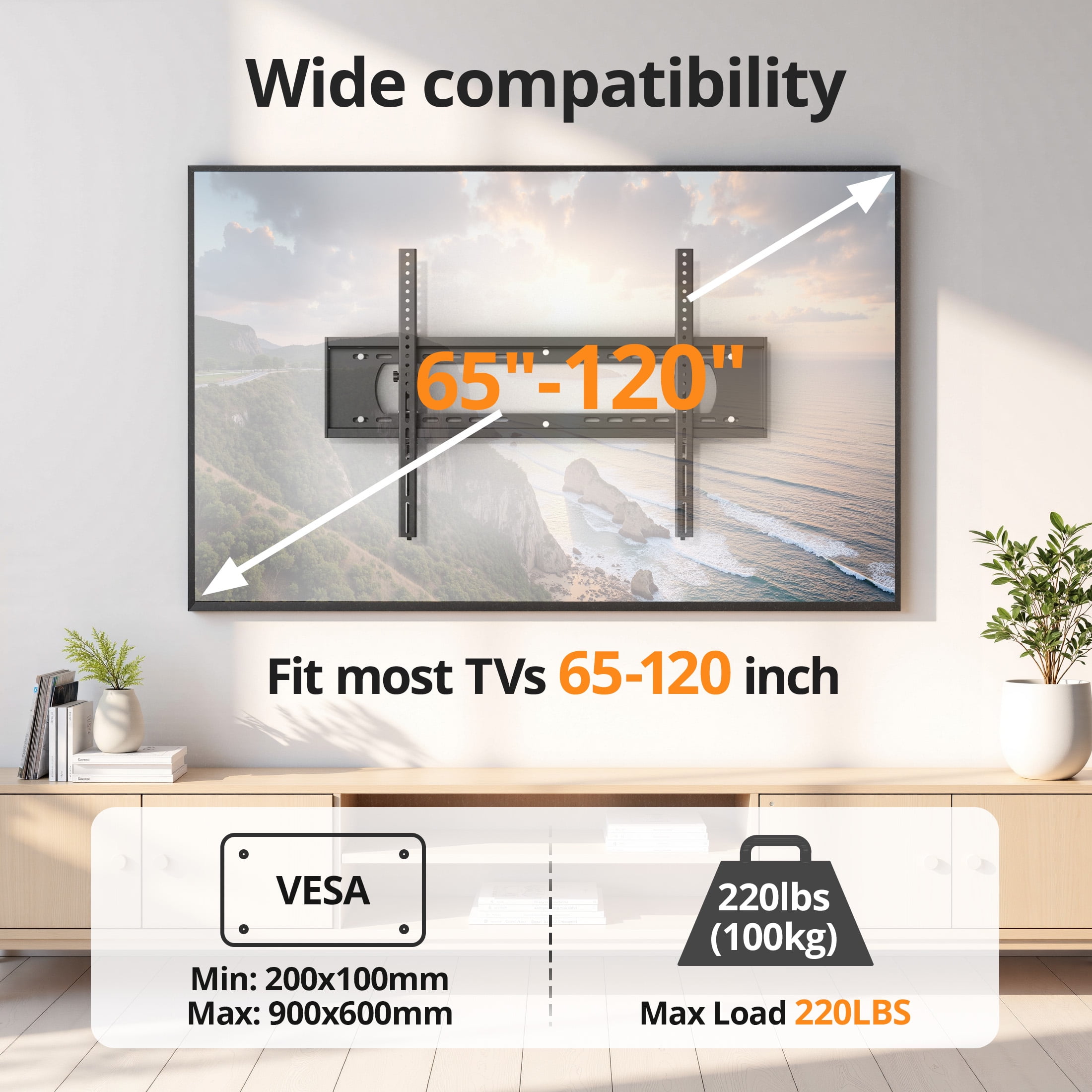 MountLiving Heavy Duty Tilting TV Wall Mount, 65-120 inch TVs, 220 lbs Capacity, Max VESA 900x600mm, Fits 16/24/32 inch Studs, LED/OLED/LCD Compatible