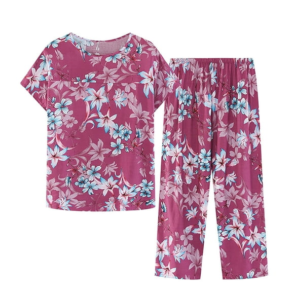 KIHOUT Women's Summer Printed Pajama Two Piece Set Plus Size,Round Neck Short Sleeve Top and Elastic Waist Capris Pants Loose Comfy Pajama Set Ladies Casual Tops Pants Nightdress Set XL-4XL