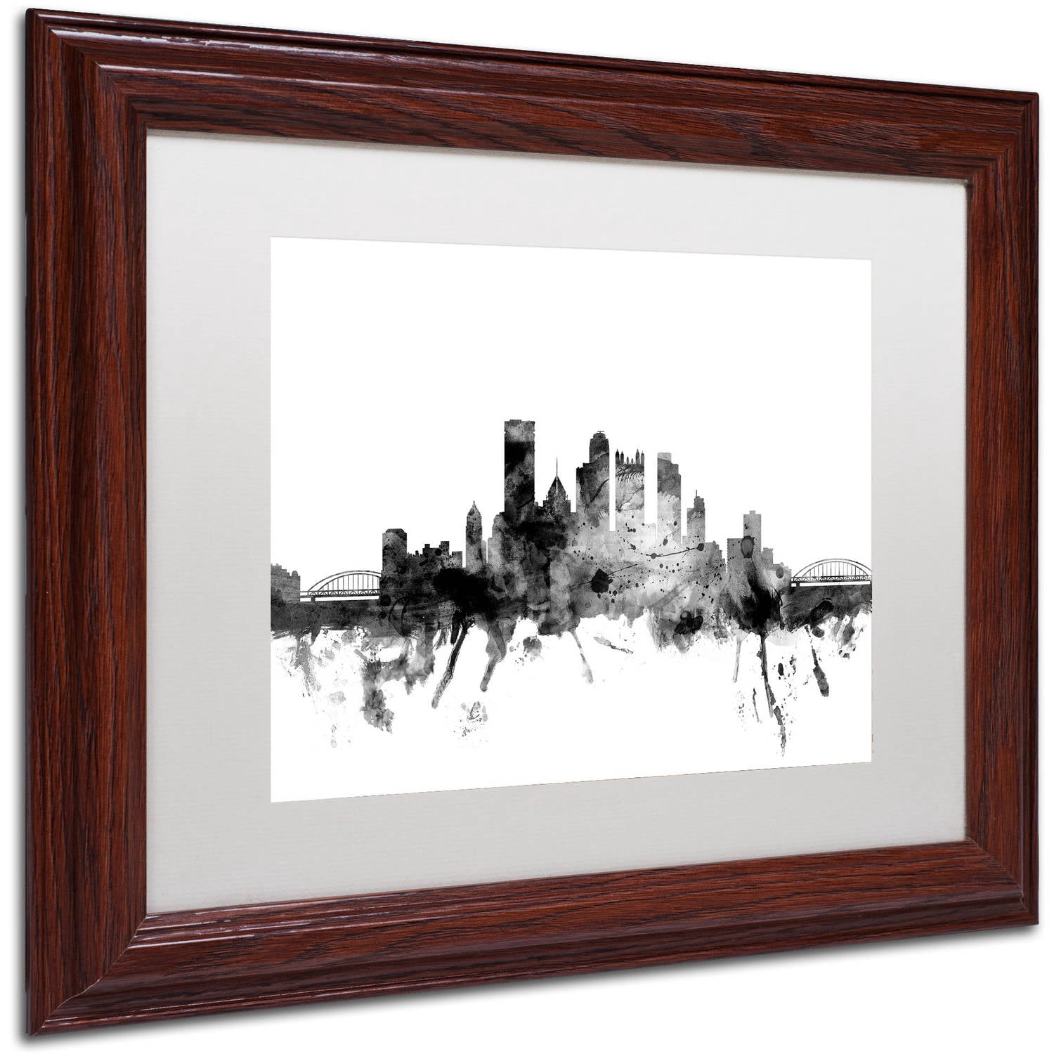 Trademark Fine Art "Pittsburgh PA Skyline B&W" Canvas Art by Michael Tompsett, White Matte, Wood Frame