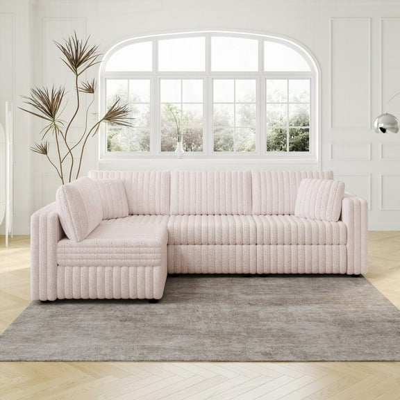 Modern L-shaped 4-Person Sofa 106.3" with Soft Plush Fabric and Light Pink Color, Detachable Cushions