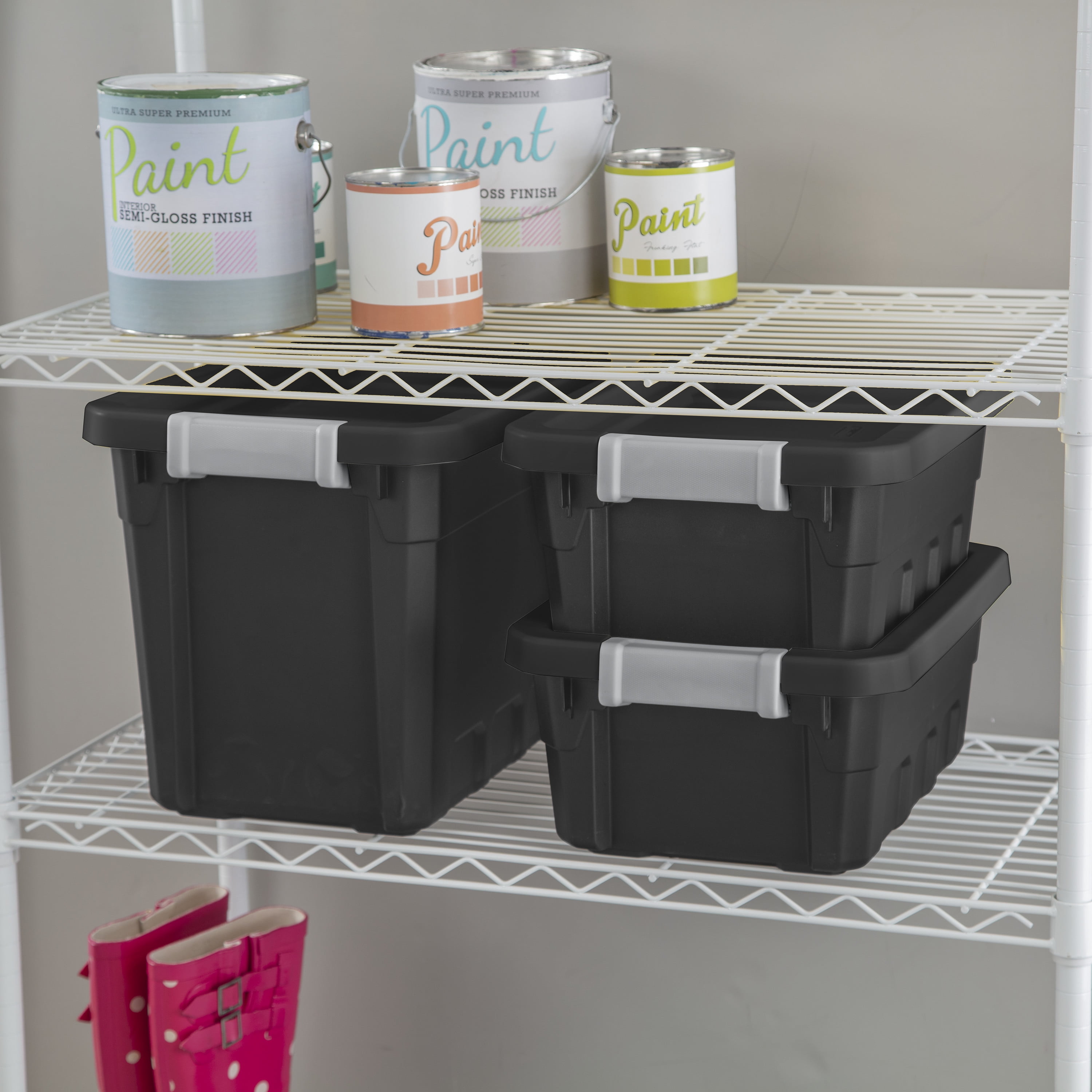 Sterilite 7.5 Gallon Stacker Tote Plastic, Black, Set of 6