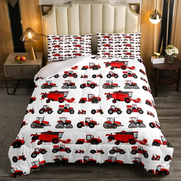 YST Red Tractor Comforter Set King Size Heavy Equipment Truck Down