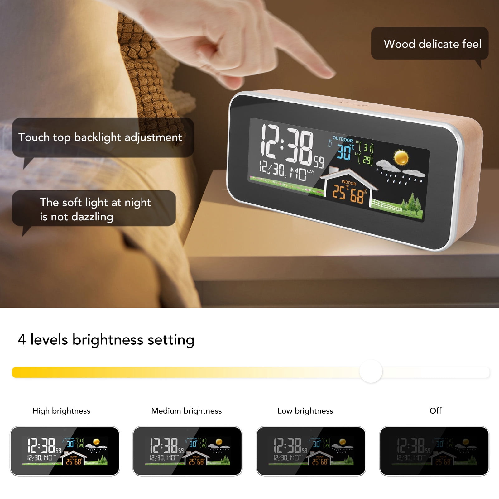 BIMZUC Weather Forecast Clock Wireless Indoor Outdoor Digital Thermometer Humidity Monitor with LCD Color Display, Weather Station with Beech Wood 8.6 inches / 22 cm