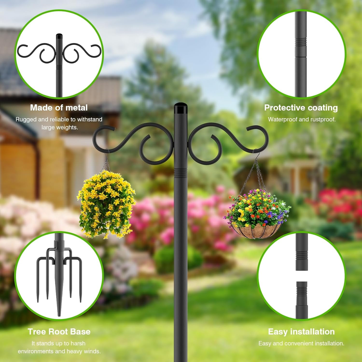 Double Shepherds Hooks For Outdoor 2 Pack 90 Inch Bird Feeder Pole With 5 Prongs Base Heavy Duty Hook Suitable Garden In Hanging Flower Basket Lantern Nests (90 Inch)