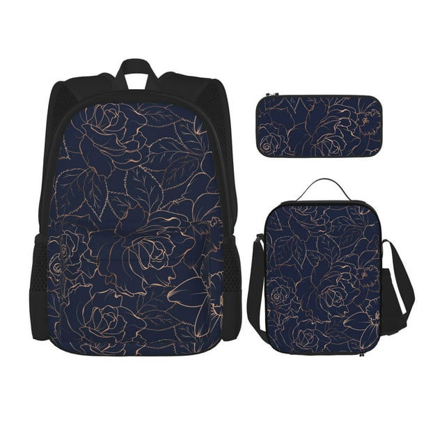Easygdp Copper-Gold Gloss Outline Navy Dark Blue Mochila para Niños y Niñas con Set de Caja de Almuerzo y Estuche para Lápices 3 en 1, Mochila Escolar Estampada para Adolescentes