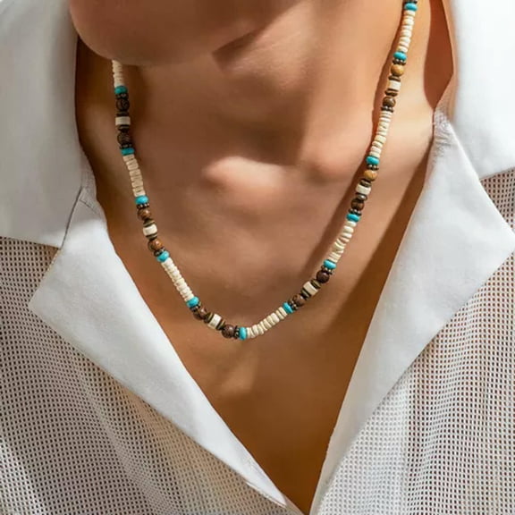 K-KED Men's Bohemian Style Turquoise Wood Bead Necklace Coconut Shell Collarbone Chain