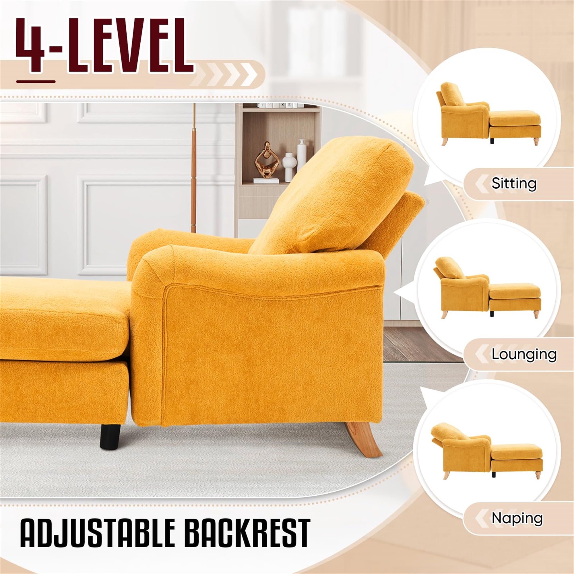 Aukfa Modern Oversized Chaise with Adjustable Backrest, Sleeper Chair Sofa Recliner for Living Room, Yellow