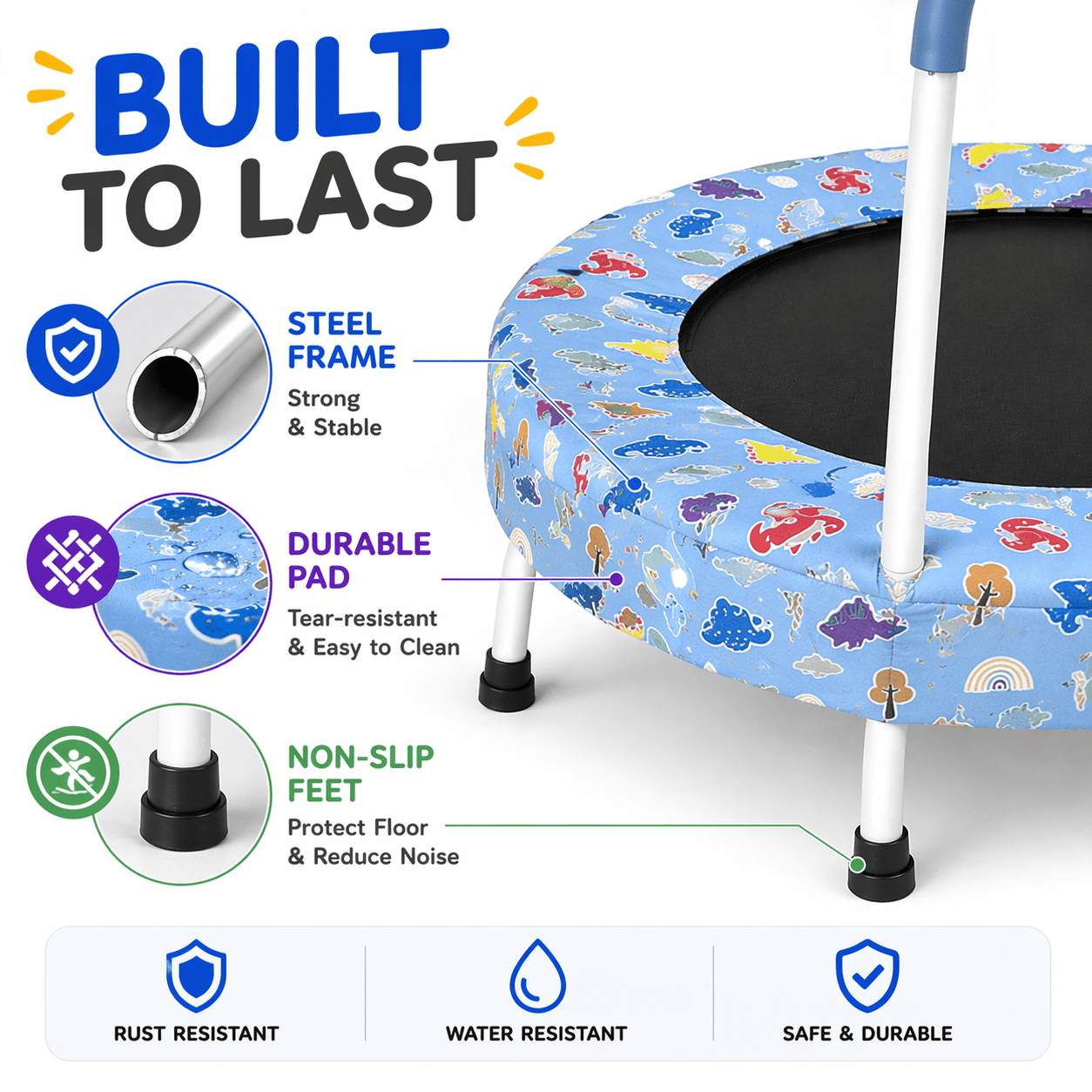 Witaxima 28inch Toddler Trampoline with Handle for Kids 1-4 Years, Indoor/Outdoor Baby Bouncer, Blue Forest, Max Weight 55lbs, Spring-Free Design