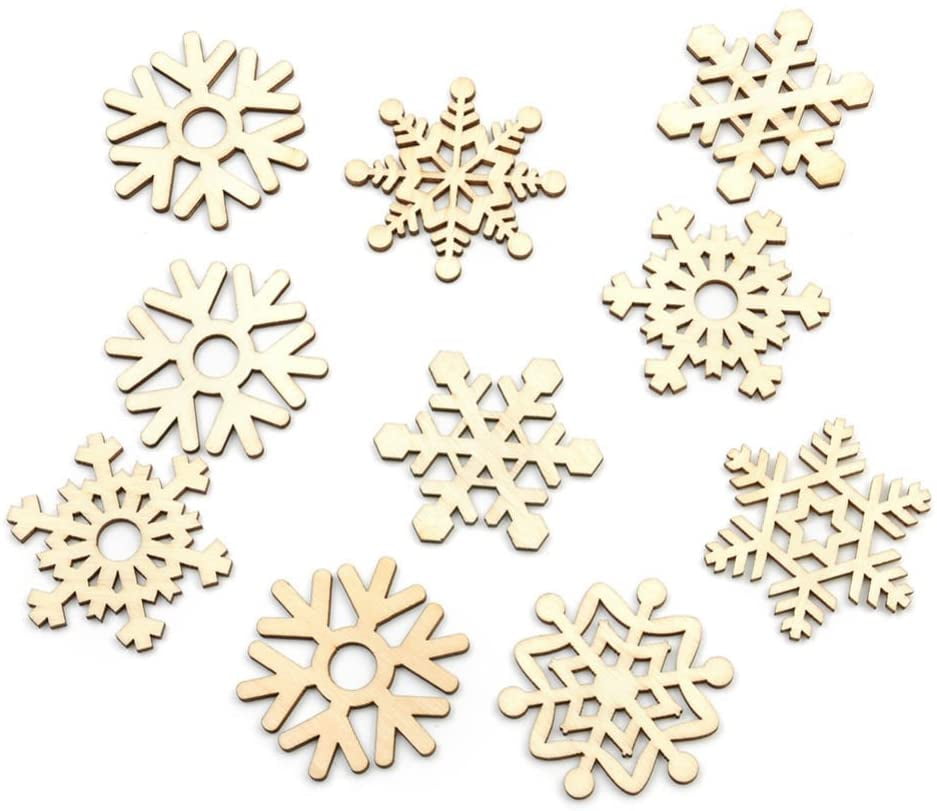 10x Mixed Wood Snowflake Laser Cut Christmas Tree Ornament Room Hanger 5.1cm 