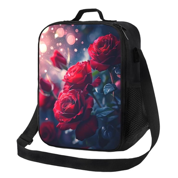 Red Rose Flower Lunch Bag Reusable Lunch Box Insulated Tote Bag with Adjustable Shoulder Strap