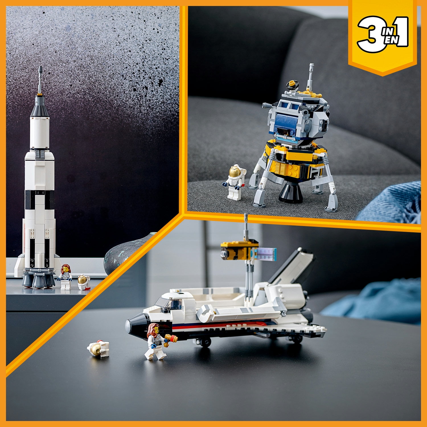 LEGO Creator 3in1 Space Set Shuttle Rocket Lunar Lander Adventure 31117 486 Pieces Walmart