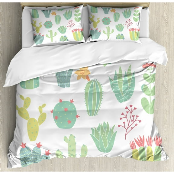 Cactus Queen Size Duvet Cover Set, Hand Drawn Cacti Pattern Blossoming Houseplants Potted Thorny Tropical Succulents, Decorative 3 Piece Bedding Set with 2 Pillow Shams, Multicolor, by Ambesonne