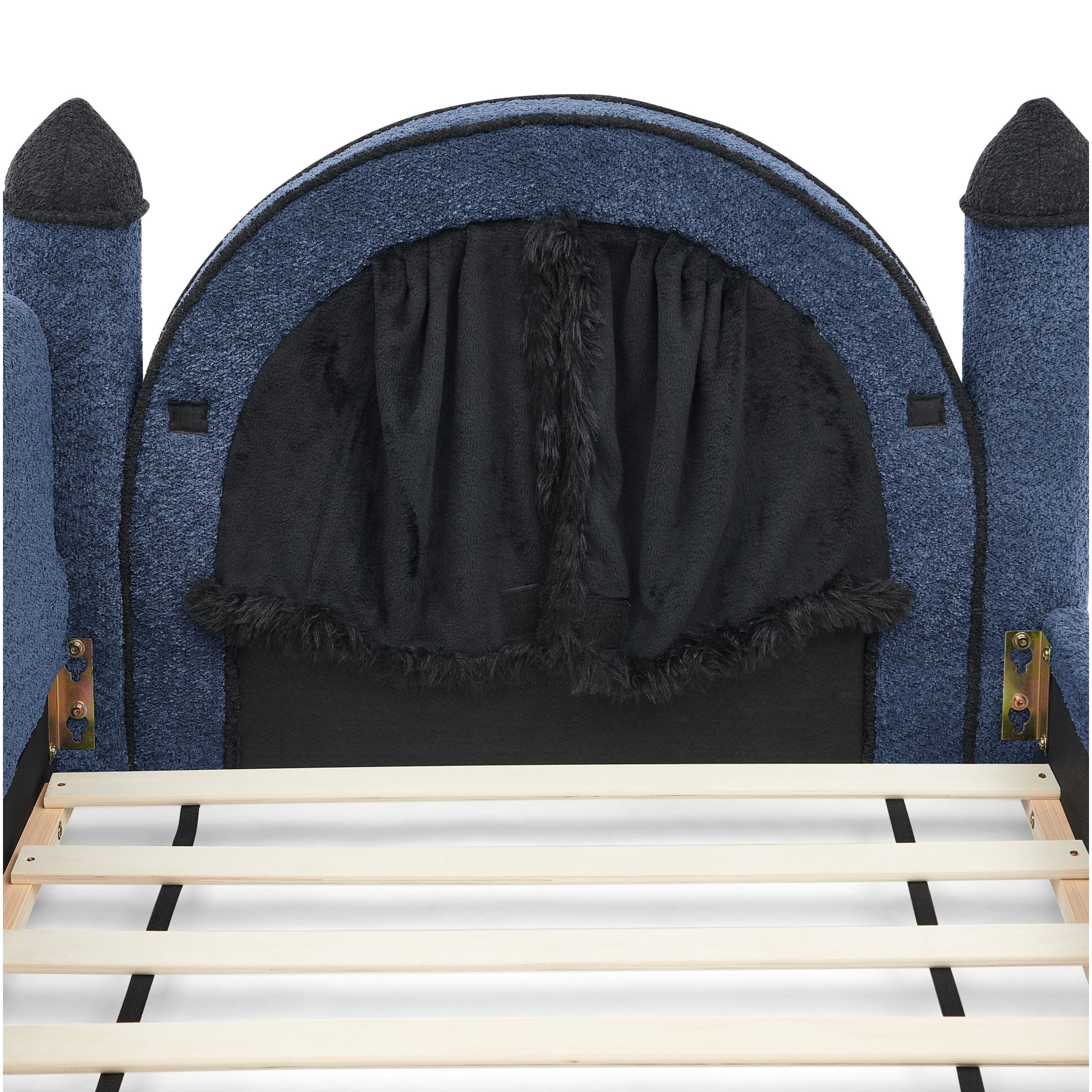 GDF Studio Solley Twin Size Castle Bed with Safety Guardrails, Curtain & Wood Frame, Boucle Upholstered Bed, Navy