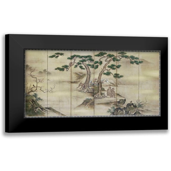 Kano School 14x9 Black Modern Framed Museum Art Print Titled - Birds, Flowers and Monkeys Six-Panel Screen
