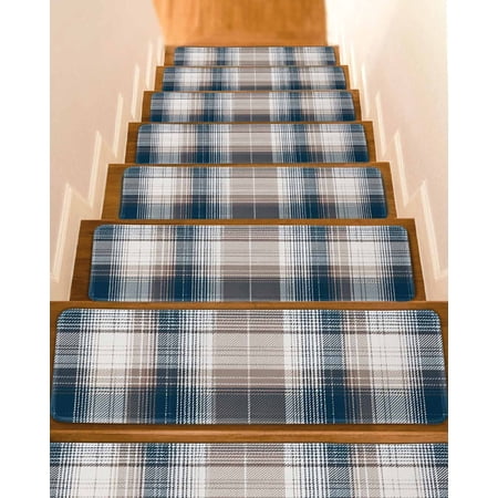 Blue Brown Plaid Stair Treads for Wooden Steps Indoor Runner Rug Carpet Modern Abstract Striped Gingham Checked 4 Pieces Peel and Stick Staircase Step Treads Covers Washable Throw Door Mats 30 x8