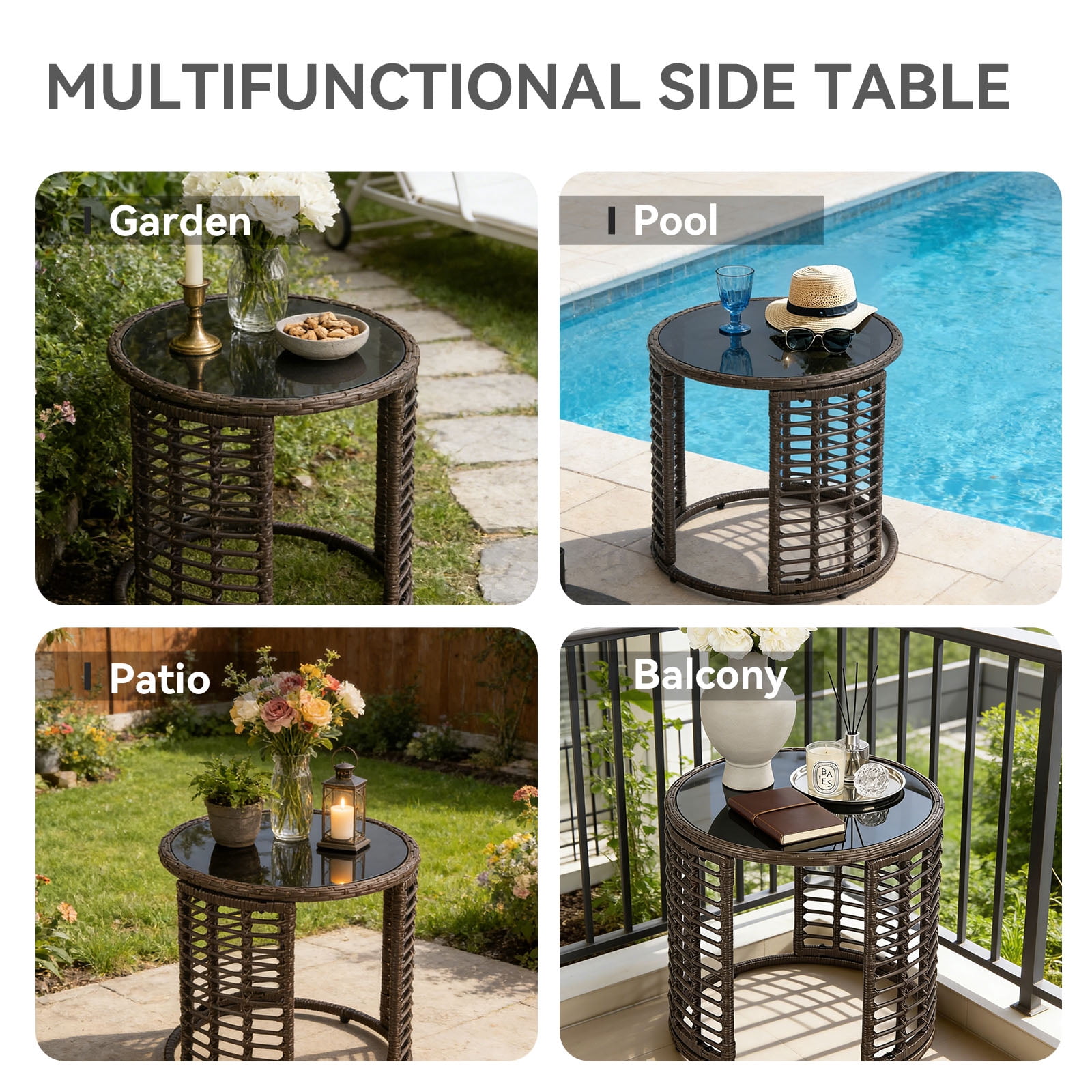 Kinbor Round Outdoor Wicker Coffee Table – Patio Side Table with Tempered Glass Top, Ottoman Style End Table for Balcony, Porch, Deck, Garden, Weather-Resistant Rattan, Easy Assembly