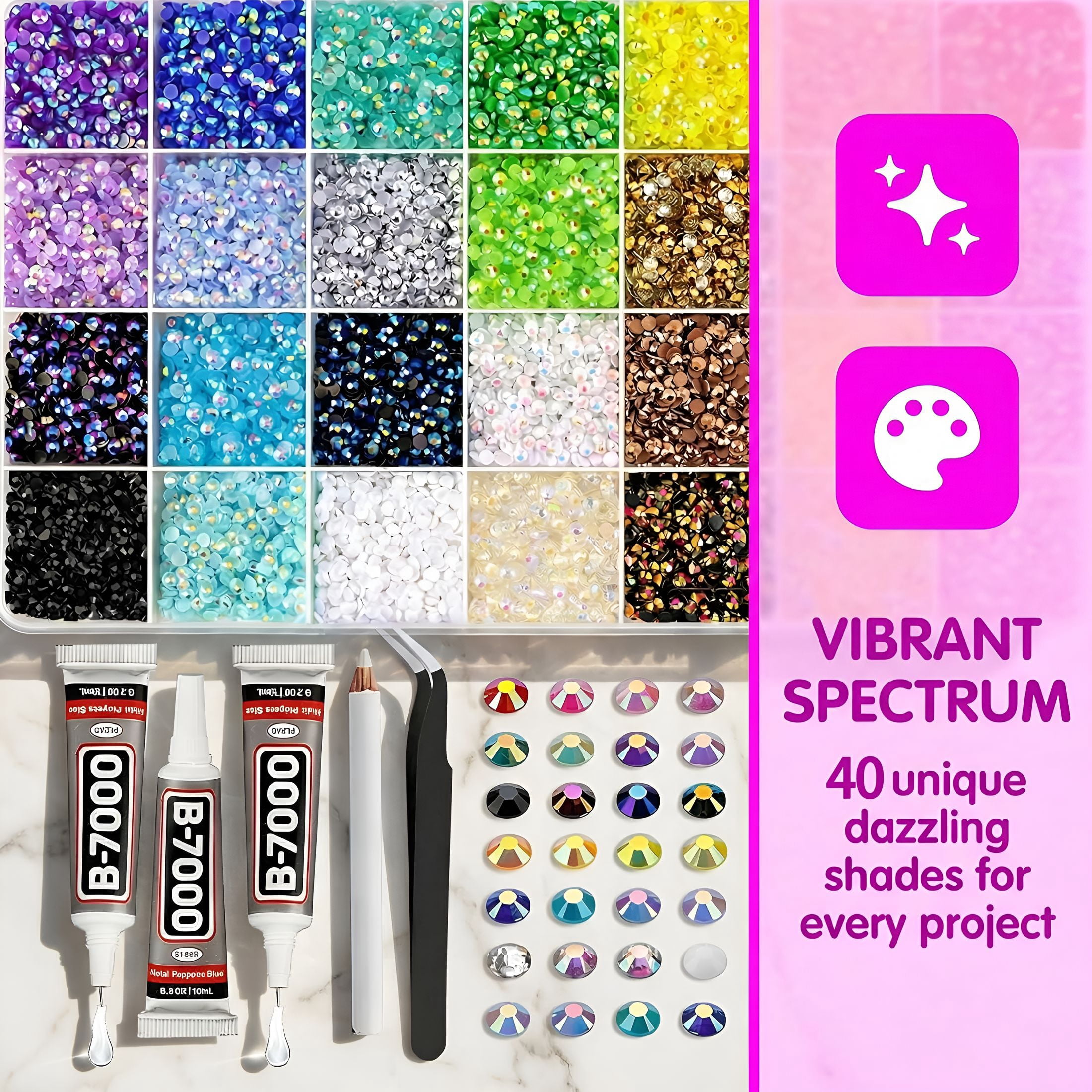 DESIGNICE 35000Pcs Rhinestones,40 Color Kits,3Mm Bedazzling Kit with Glue for Diy Diamond Paintings,Decorative Water Cups,Phone Cases,And Other Crafts