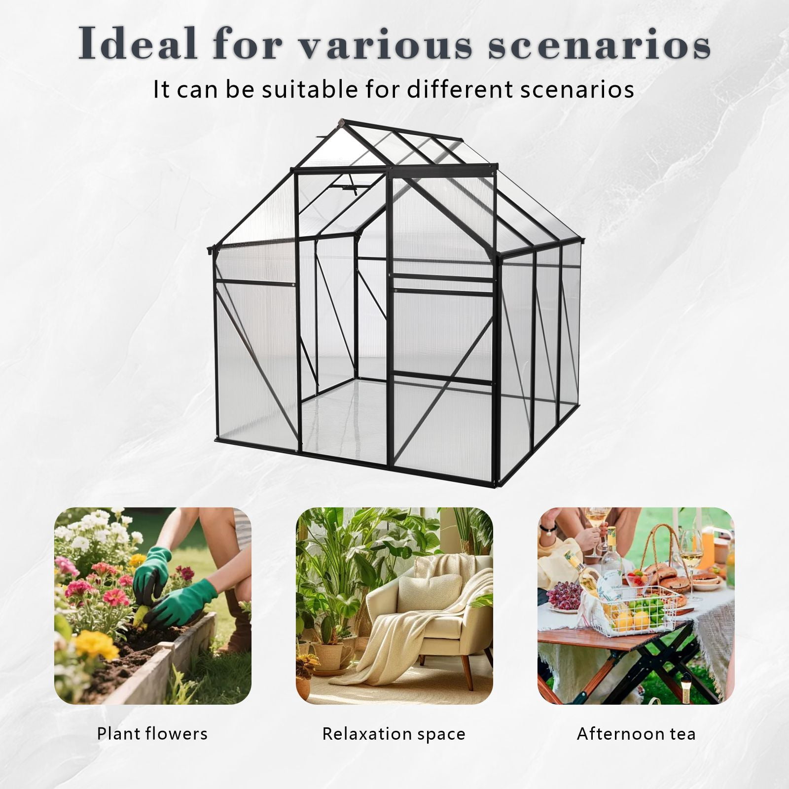 CarButler 6x6ft Polycarbonate Greenhouse Heavy Duty Walk-in Garden House with Sliding Door and Vent for Outdoor Garden Backyard Black