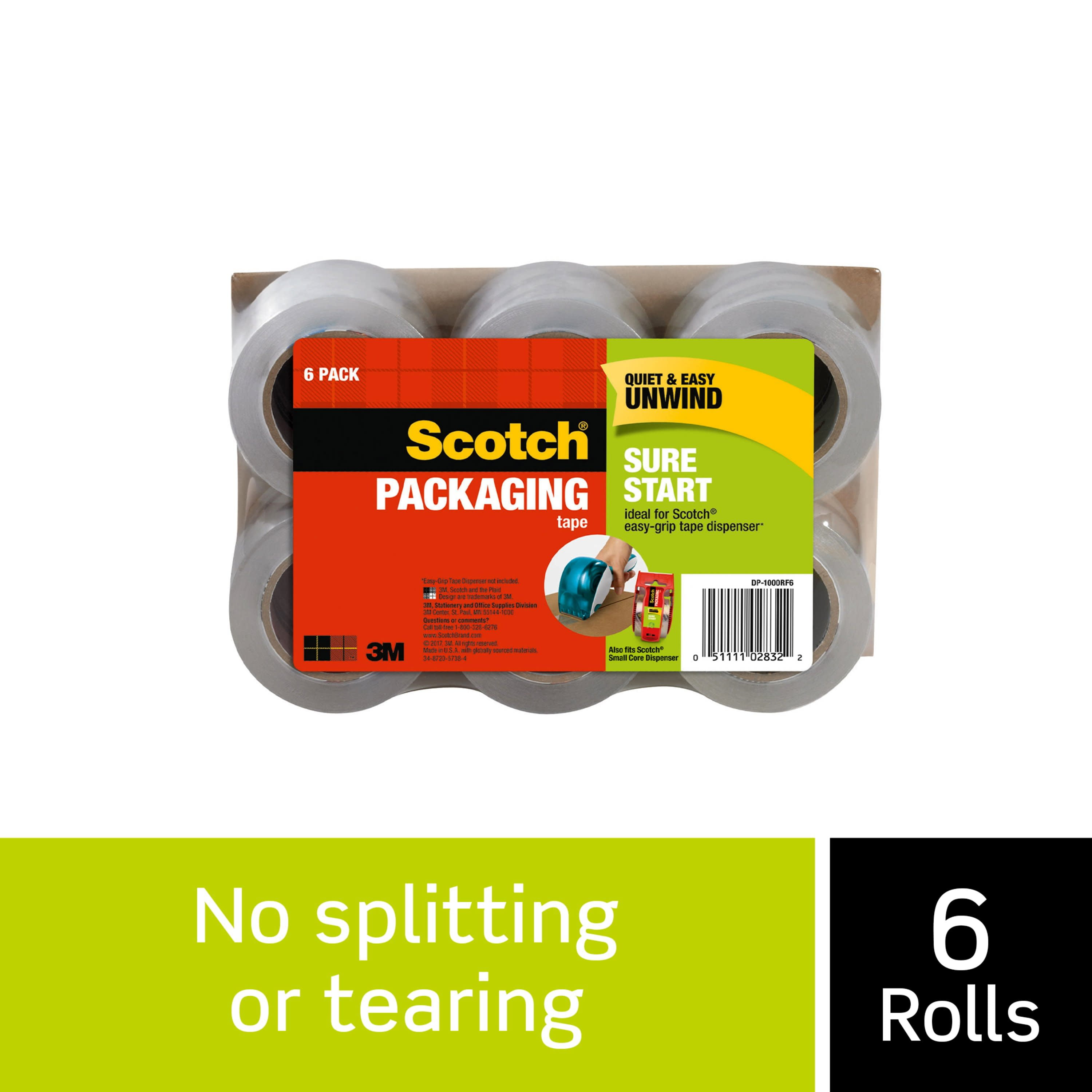1.5 Core Scotch Sure Start Shipping Packaging Tape Easy Start Every Time 6 Dispensered Rolls 1.88x 22.2 yd 1 Pack 