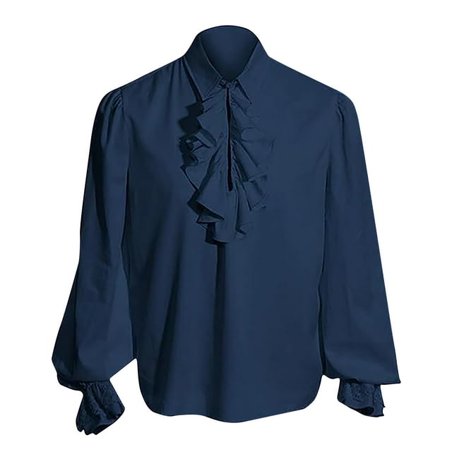 TIMIFIS Men's Shirt Gothic Renaissance Ruffle Front Pirate Shirt, Vintage Medieval Bandage Long Sleeve Cosplay Clothing-BlueFall