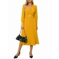 thumbnail image 3 of Women'S Long Sleeve Flared A Line Dress Wedding Guest Casual Semi Formal Office Lady Dresses with Belt Yellow L, 3 of 9
